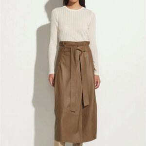 Vince Olive Green Lamb Leather Midi Skirt with Tie Waist NWT